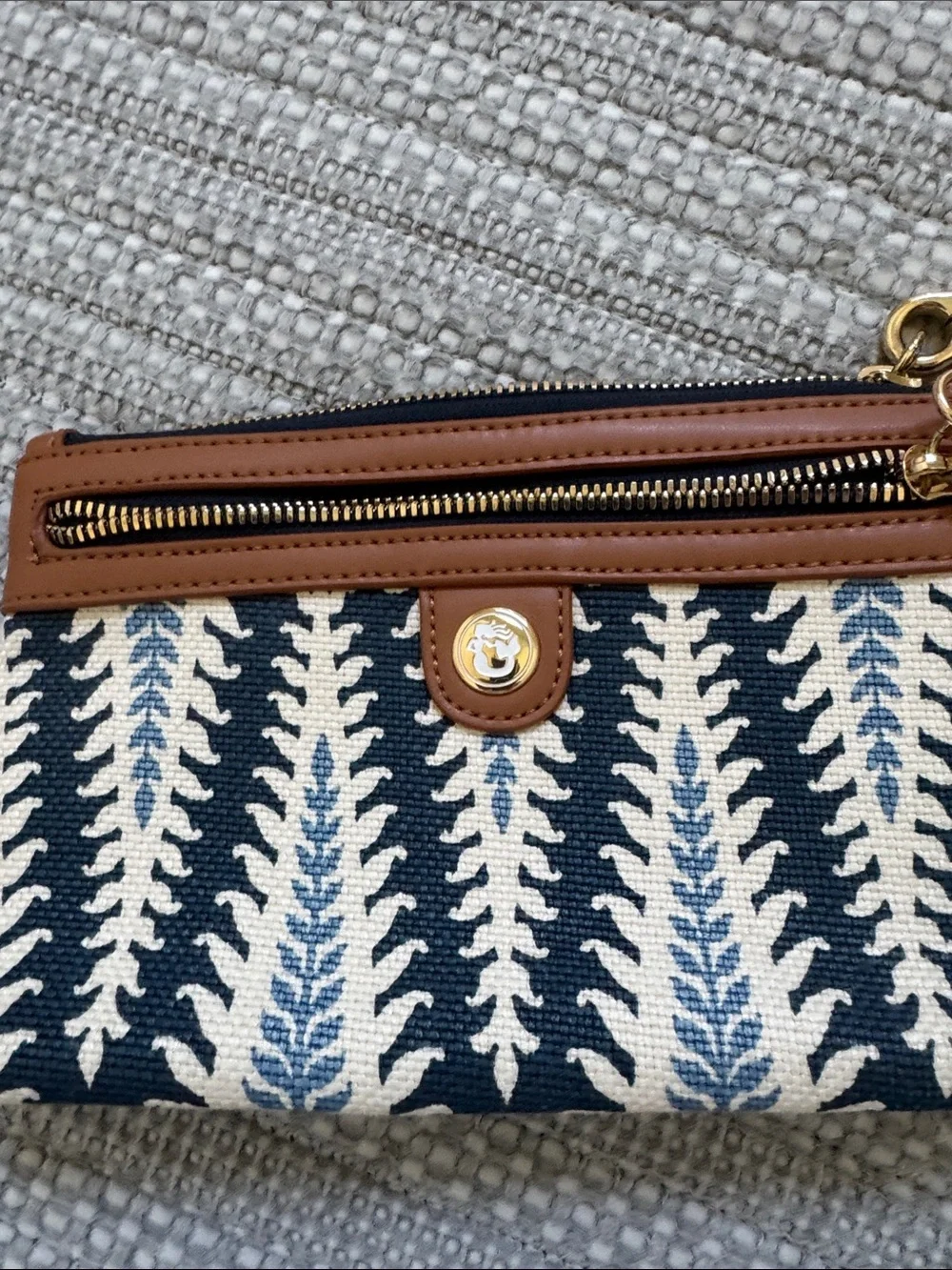 Spartina 449 Navy, White & Light Blue Woven Wristlet with Brown Trim